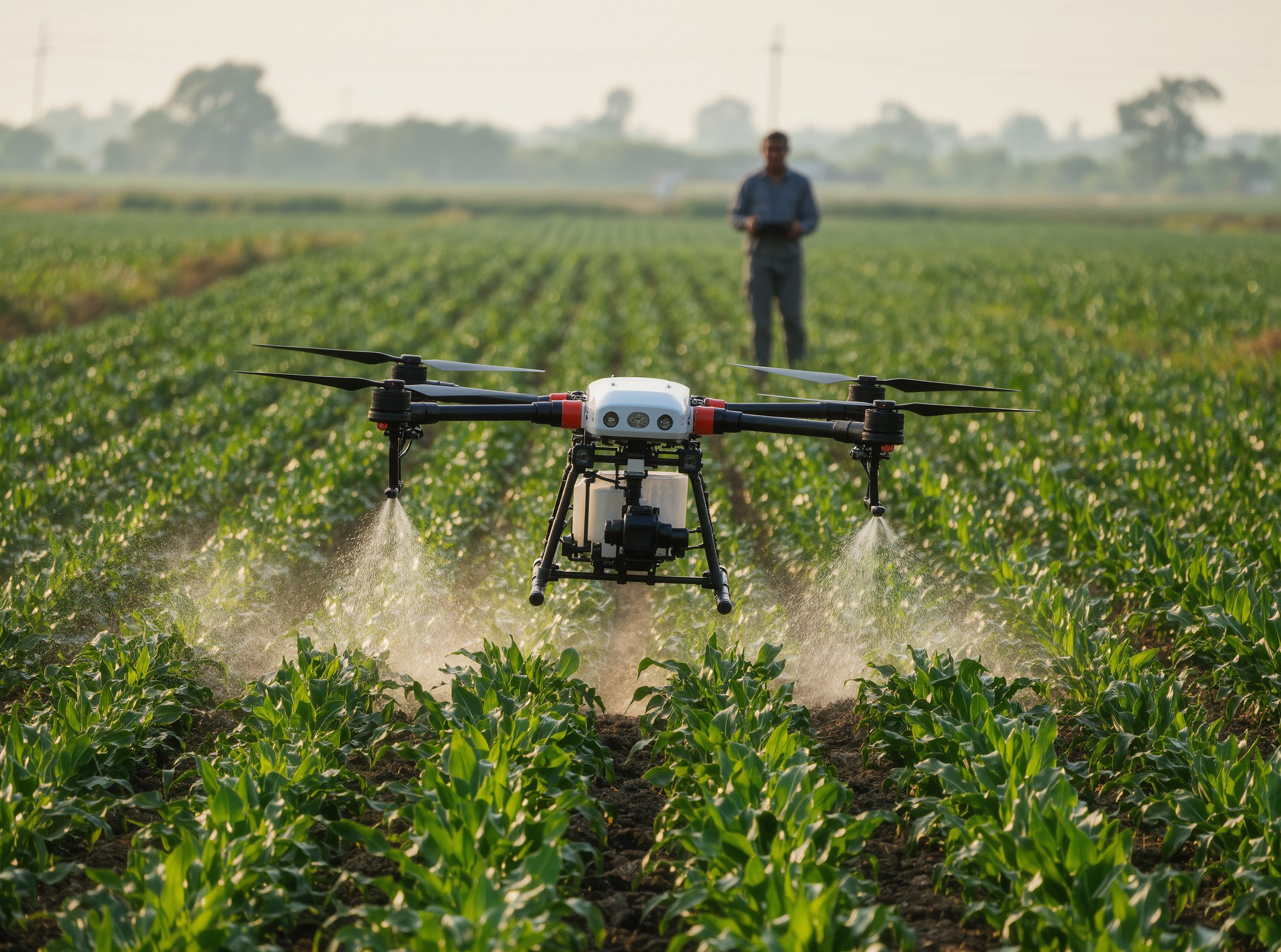 An agricultural spray drone over green crops at sunrise